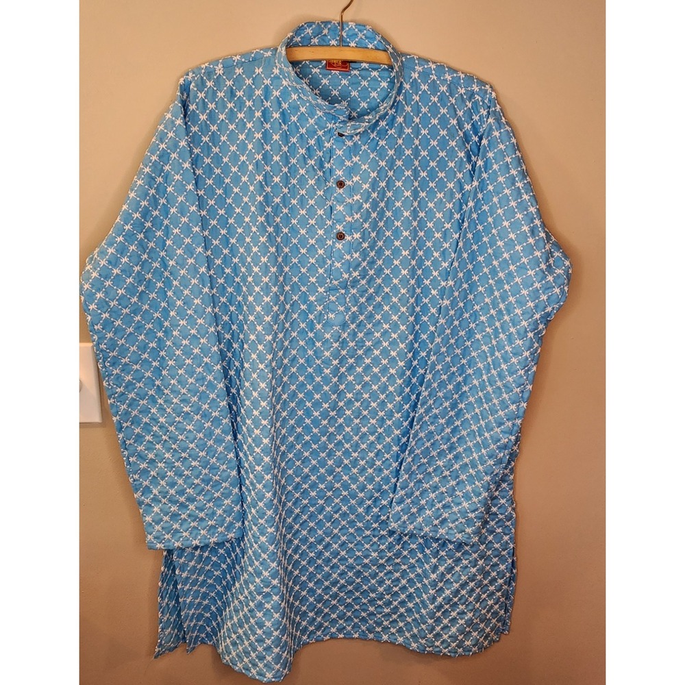 Men's 3XL Indian Kurta Blue White Embroidered Traditional Ethnic Tunic Long Slee
